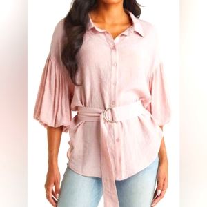 VICI Belted Puff Sleeve Button-Up Shirt in‎ Pink XS-S
